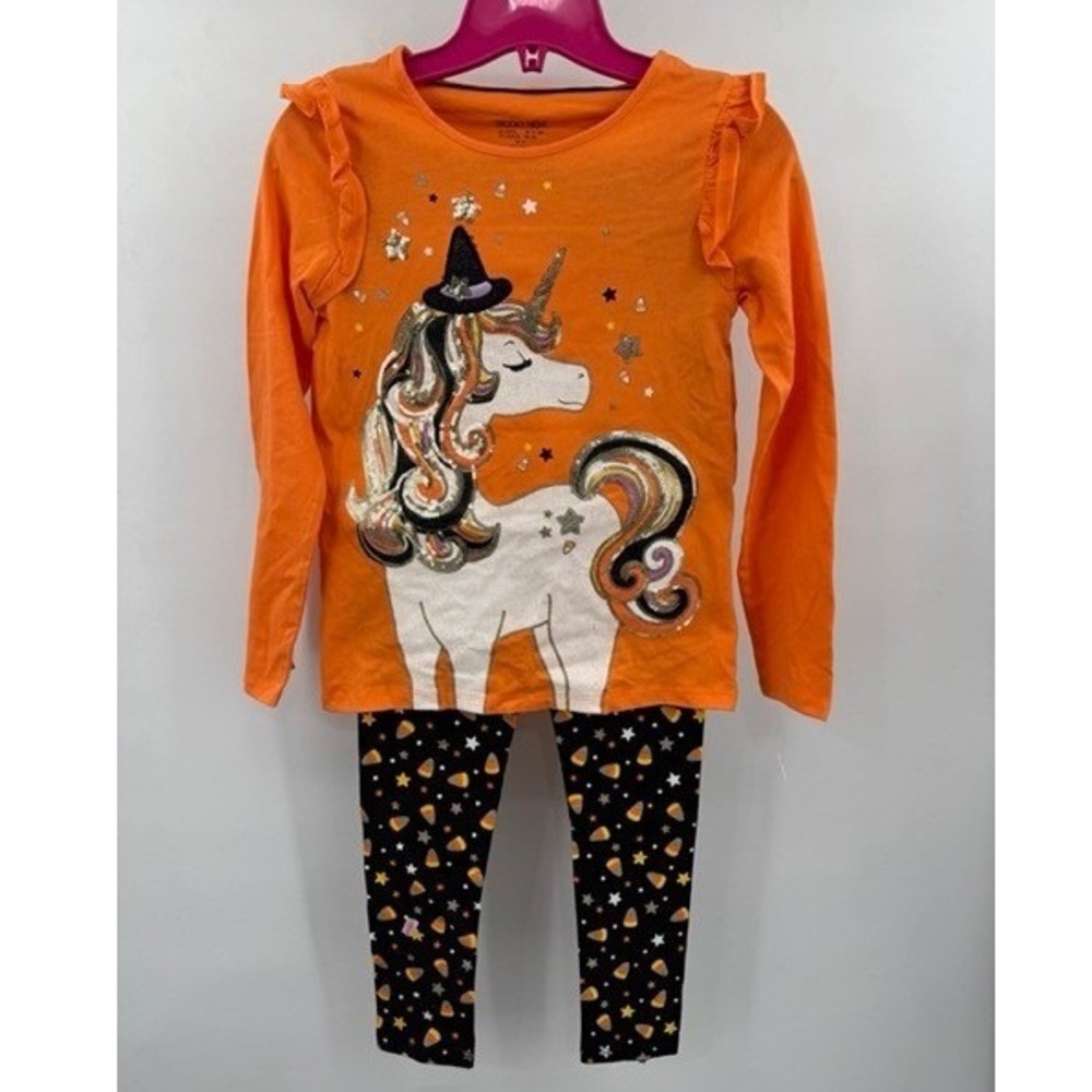 Spooky Night Girls Halloween Unicorn Sparkle Top Bottom Set SZ 10/12 Pumkpin